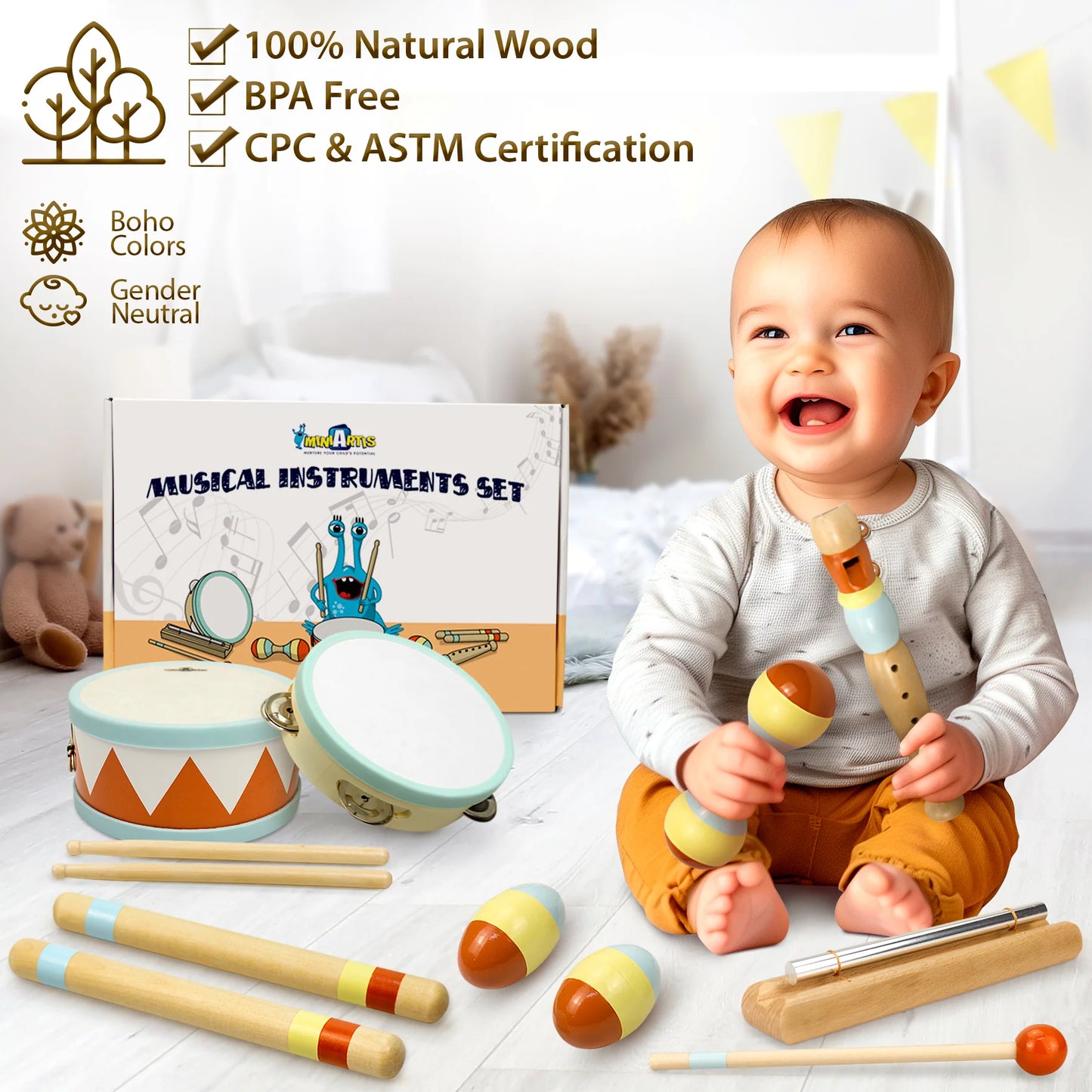Montessori Baby Drum Set for Toddlers 1-3 (with Percussion Instruments & Music Set)